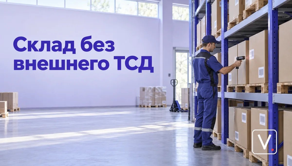 Кладовщик сканирует коробку на стеллаже